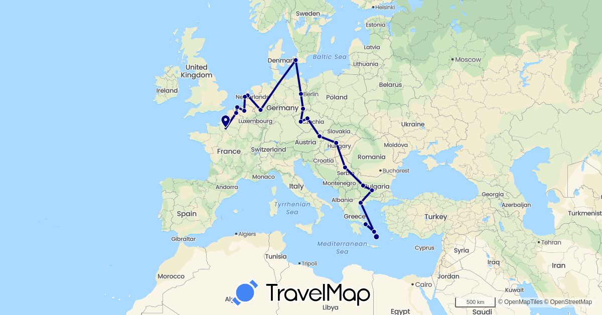 TravelMap itinerary: driving in Austria, Belgium, Bulgaria, Czech Republic, Germany, Denmark, France, Greece, Hungary, Netherlands, Serbia (Europe)